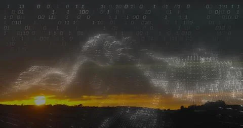 Streaming binary code wave forming data overlay across rural dusk sky, with sun Stock Illustration