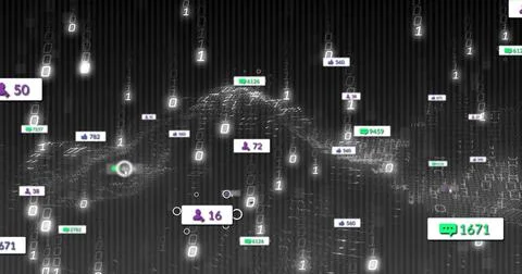 Streaming binary code waveforms in virtual space, with floating social media Illustrazione stock