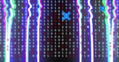 Streaming binary column showing digits 0 and 1 in neon-streaked field, with two Stock Photos