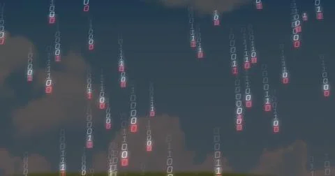 Streaming binary columns falling across dusky sky with clouds, dusk settling, 写真素材