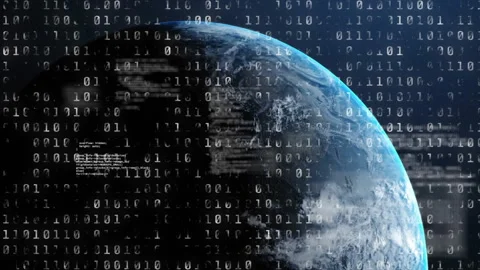 Streaming binary columns initiating scene while rotating Earth hemisphere Stock Footage 312407328