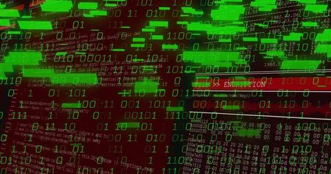 Streaming binary console layout on screen, showing green digits, data bars, 스톡 일러스트
