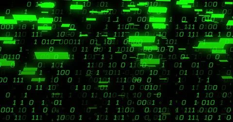 Streaming binary digits 0 and 1 with glowing green bars and streaks in digital 写真素材