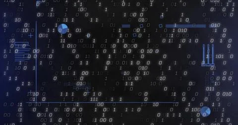 Streaming binary digits 1s 0s with neon guide lines and circular markers in Stock Illustration