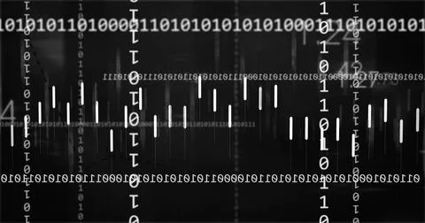 Streaming binary digits across digital interface with vertical columns, 写真素材