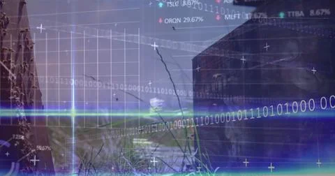 Streaming binary digits across open grassy field, with glowing light flares and 写真素材