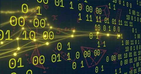 Streaming binary digits and glowing network nodes across dark teal grid, showing Stock Illustration