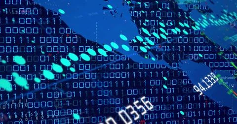 Streaming binary digits and map across cyber dashboard, showing teal markers and Stock Photos