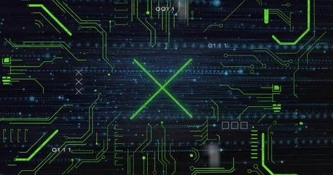 Streaming binary digits and neon-green traces moving across cyber interface, Stock Illustration