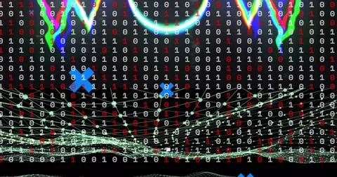 Streaming binary digits and network mesh forming pulsing grid on virtual Illustrazione stock