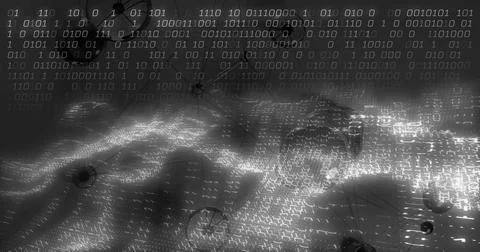 Streaming binary digits and network nodes connected by lines over wavy surface Foto stock