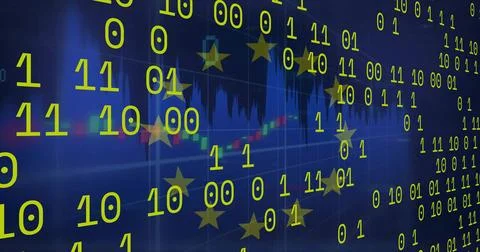 Streaming binary digits and yellow stars emblem over virtual chart, showing Stock Illustration