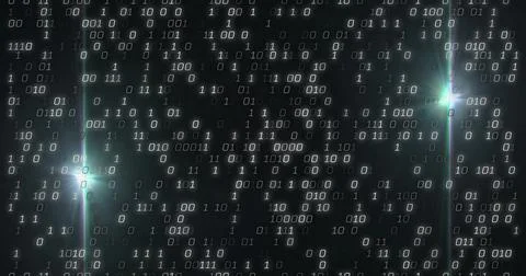 Streaming binary digits cascading in data visualization with greenish lens Illustrazione stock