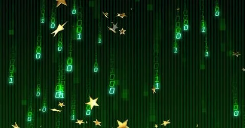 Streaming binary digits cascading in digital field, with gold five-pointed stars 스톡 사진