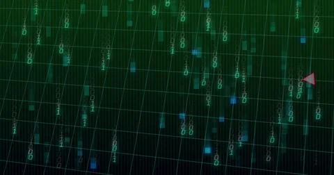 Streaming binary digits cascading over tilted grid in HUD, showing red pointe Stock Illustration