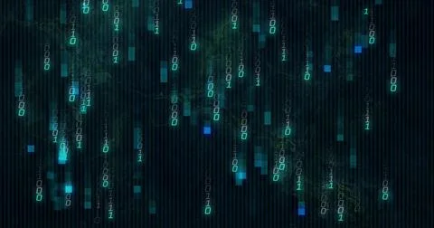 Streaming binary digits cascading through digital space, with glowing squares 写真素材