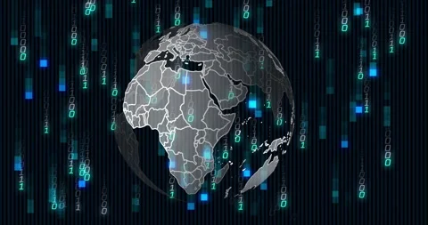 Streaming binary digits causing globe rotating over dark stripes, revealing Stock Footage 311454983