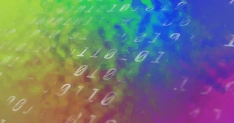 Streaming binary digits floating over multicolored gradient background, in Stock Illustration
