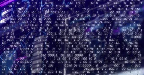 Streaming binary digits flowing across server room, with circuit traces, chips, Stock Illustration