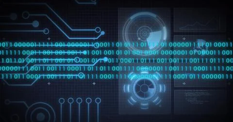 Streaming binary digits flowing across virtual dashboard at center, showing Stock Illustration