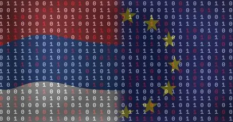 Streaming binary digits forming red blue white stripes in digital graphics, with Foto stock