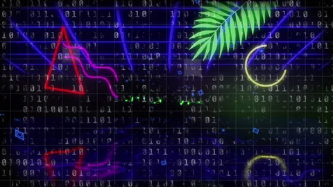 Streaming binary digits moving neon grid cyberspace, with triangle fern Stock Footage 311475262