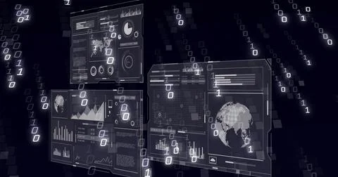 Streaming binary digits overlaying hologram dashboard panels showing charts and 스톡 일러스트