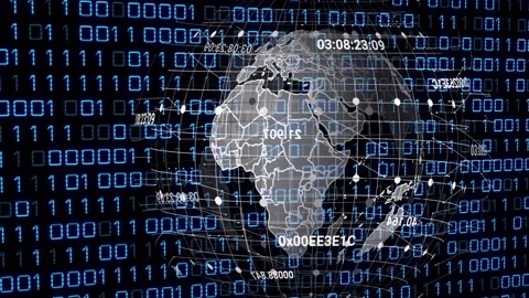 Streaming binary initiating 3D globe rotating, nodes pulsing and codes shifting Stock Footage 310668716