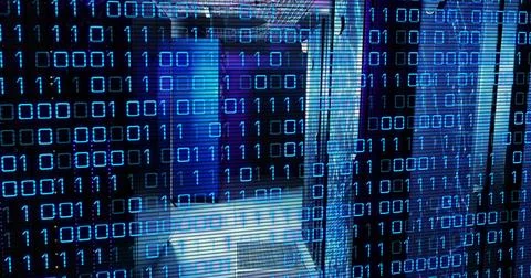 Streaming binary overlay in data center server racks with network switches, Stock Photos