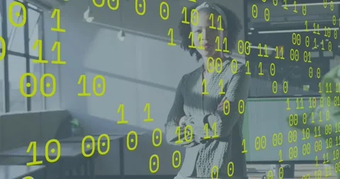 Streaming binary overlay initiating tech pro leaning on desk shifting conveying Video stock 318046937