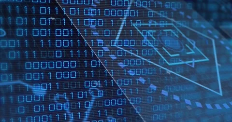 Streaming bits opening transparent overlay revealing rotating hexagon arrows Stock Footage 330114727