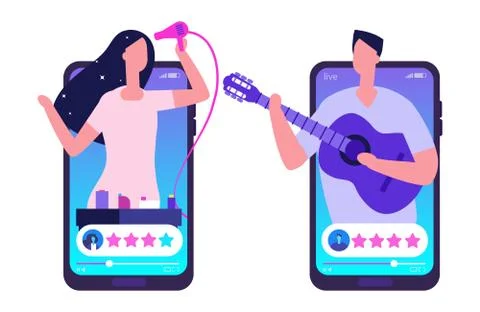 Streaming, blogging vector app. Beauty and musician bloggers online video Stock Illustration