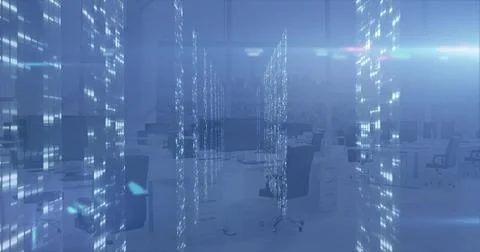 Streaming blue data columns overlaying open-plan office with glass panels and Stock Photos