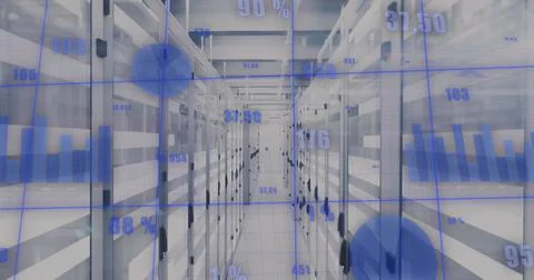 Streaming blue data visualizations hovering above server racks inside data Stock Photos
