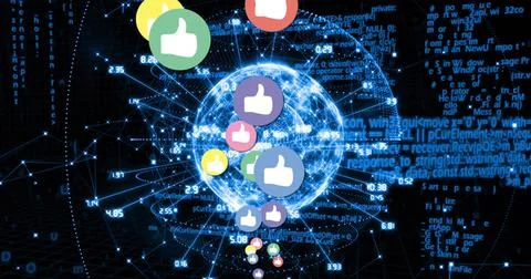 Streaming blue network sphere sending links in cyberspace, with floating Illustrazione stock