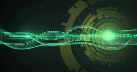Streaming braided dotted waveforms converging toward bright green orb in Stock Illustration