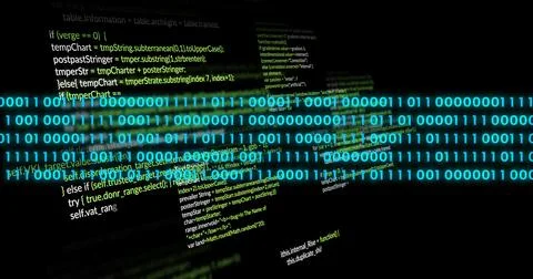 Streaming bright cyan binary digits across dark terminal screen, with green code 스톡 사진