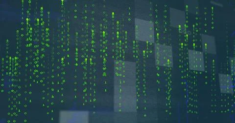 Streaming bright green binary digits flowing across dark blue digital backdrop, 스톡 사진