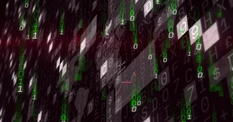 Streaming cascading green binary column overlaying symbol tiles on virtual wall, 스톡 사진