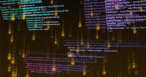 Streaming cascading monospace code across dark striped backdrop, with cyan Foto stock