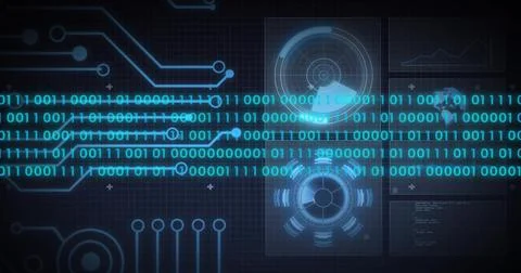 Streaming central binary data stream on virtual HUD, showing circuit traces and Stock Illustration