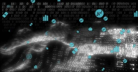 Streaming central binary wave across cyberspace, with white bits and turquois Stock Photos