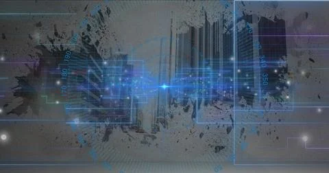 Streaming central blue data beam pulsing in abstract graphic, with circuit Stock Photos