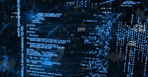 Streaming central cluster cascading code and neon network lines in virtual net, Stock-Fotos