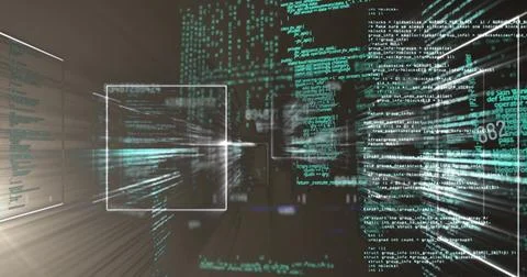 Streaming central code converging toward viewer in data corridor, with teal 스톡 사진