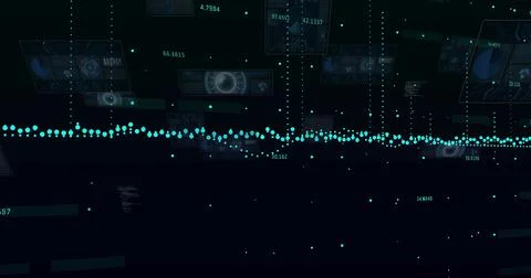 Streaming central cyan node waveform across digital dashboard, showing HUD Stock Illustration