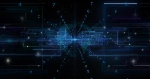 Streaming central data band radiating cyan core in cyberspace, with globe Illustrazione stock