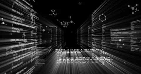 Streaming central data corridor converging in data tunnel, showing code panels, Illustration