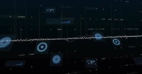 Streaming central horizontal data stream pulsing in dark-space, with radar Stock Illustration