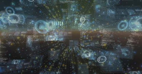 Streaming central stream with HUD panels receding in cyberspace corridor, Illustrazione stock